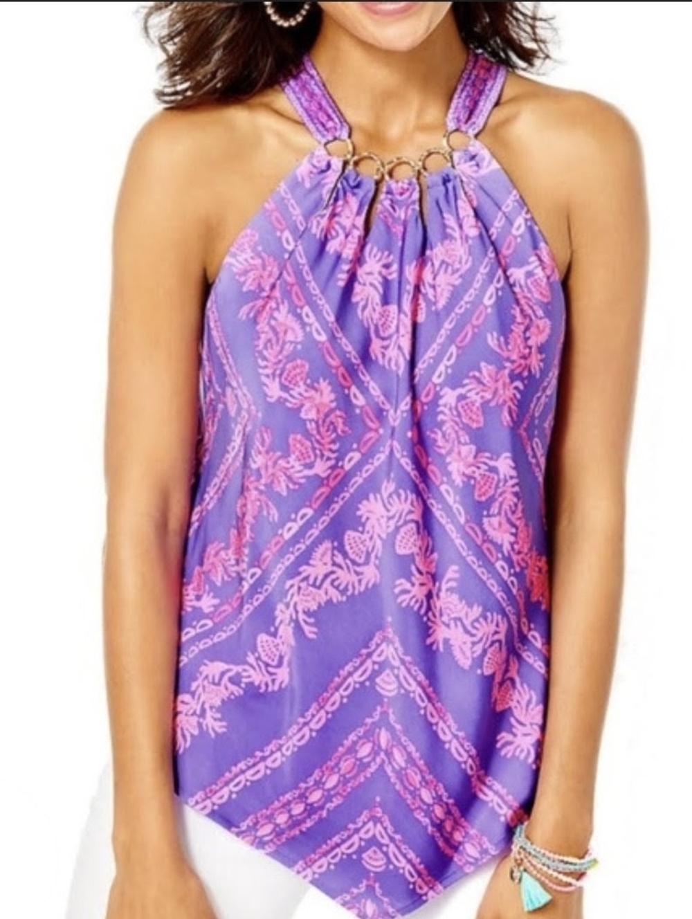 Lilly Pulitzer Julien Halter Top Mystical Purple Pink Coral Print SIZE L NWOT